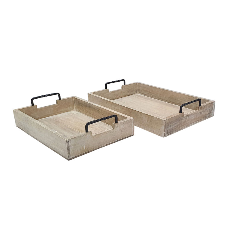 Ensemble de 2 plateaux rustiques, poignées en fer noir, beige naturel