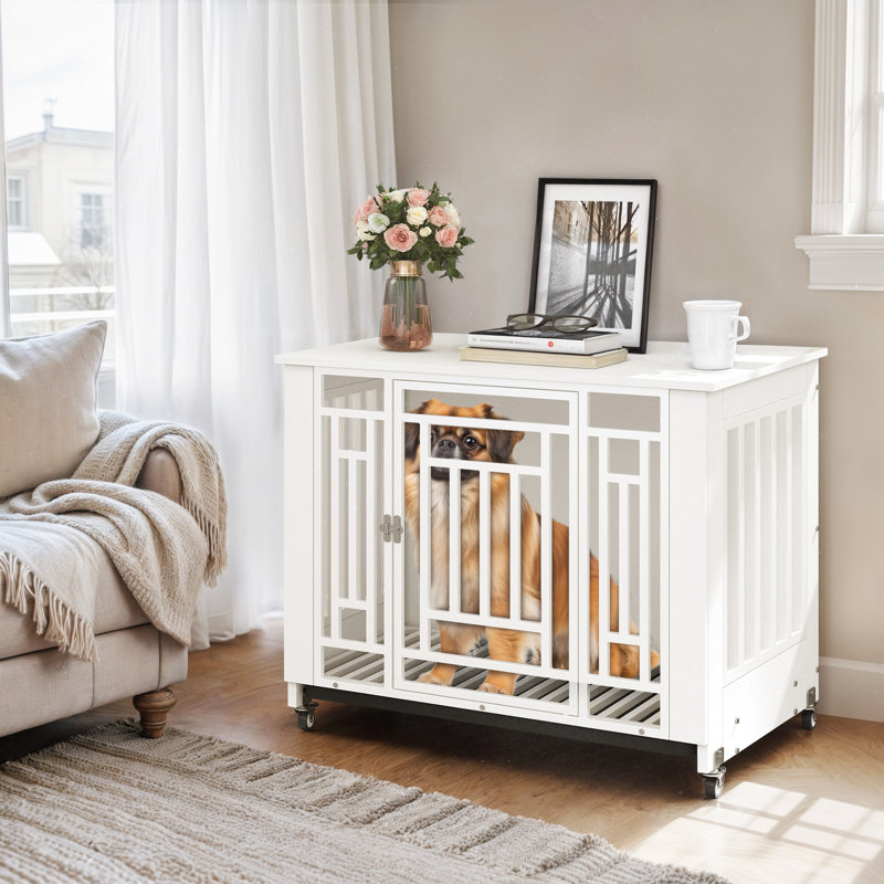 Meuble de cage en bois pour chien avec cage amovible, H 29,3 po x l 38,2 po x P 26 po, Blanc