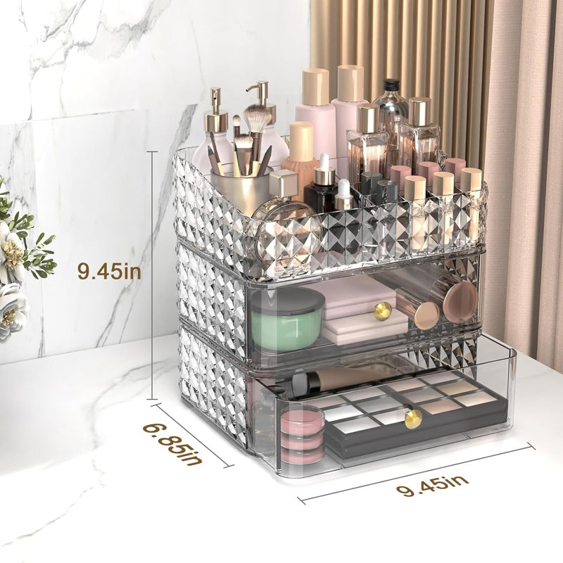 Organisateur de maquillage avec 2 tiroirs et 1 plateau, rangement cosmétique empilable pour meuble-lavabo, porte-pinceau, rouge à lèvres et présentoir à bijoux, motif à losanges durable et élégant