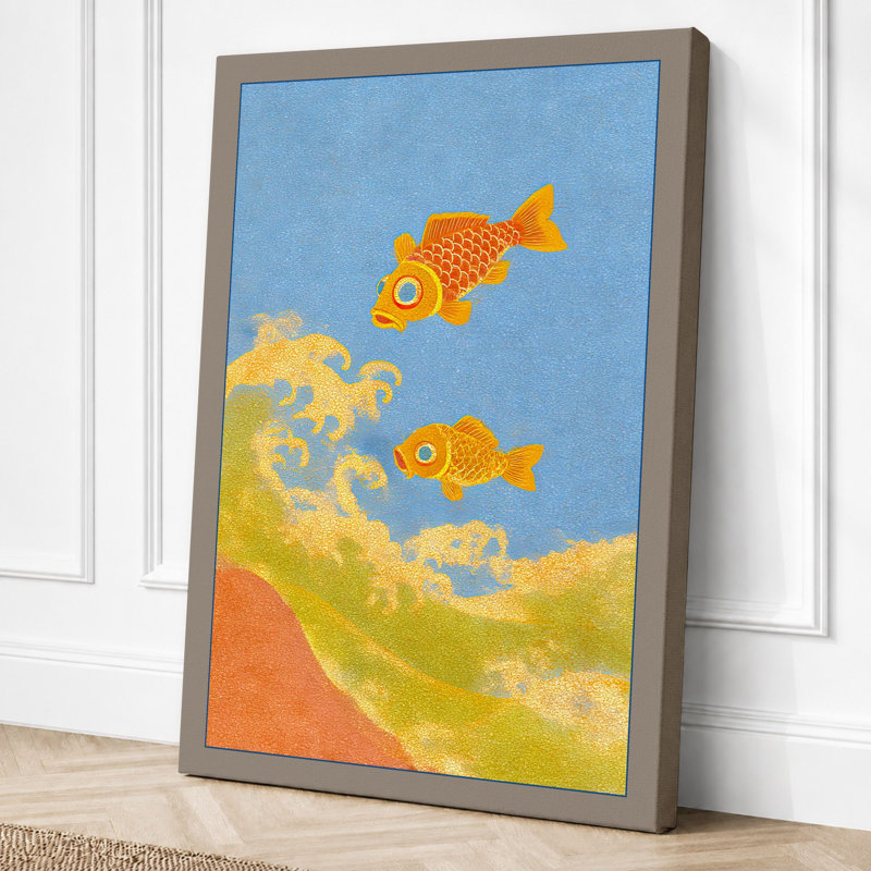 Goldfish And Waves Minimalist - Print, 24x16 - 61.0 x 40.6 cm, Taupe Border