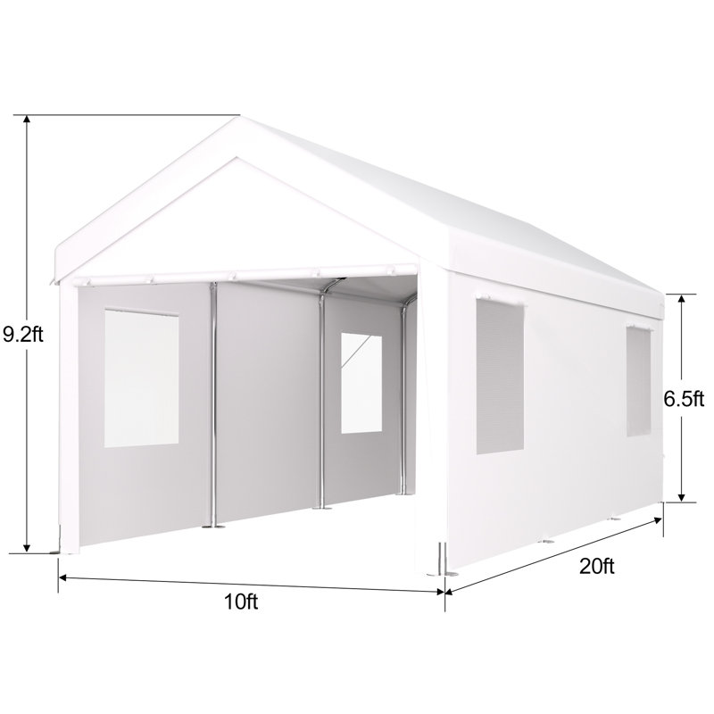 Abri d'auto robuste 10 pi x 20 pi, portatif avec 2 portes et 4 fenêtres ventilées, pour tondeuses à gazon, blanc, Blanc