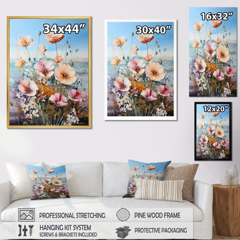 Renoncule aquarelle beige et mauve I, H 32 po x l 16 po x P 1 po, Cadre flottant blanc
