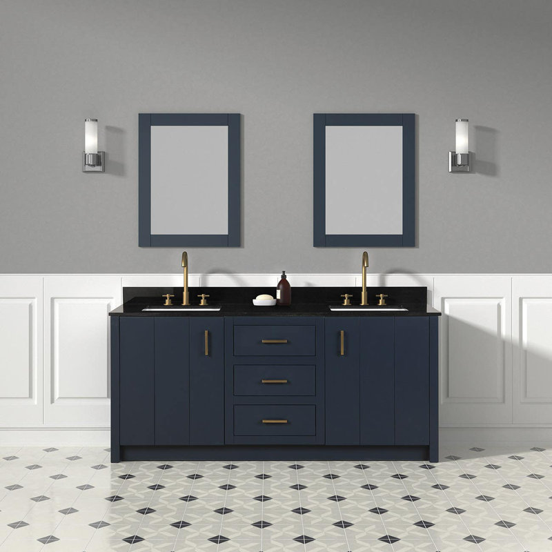 Meuble-lavabo double Cora, Bleu marine, Or, Noir