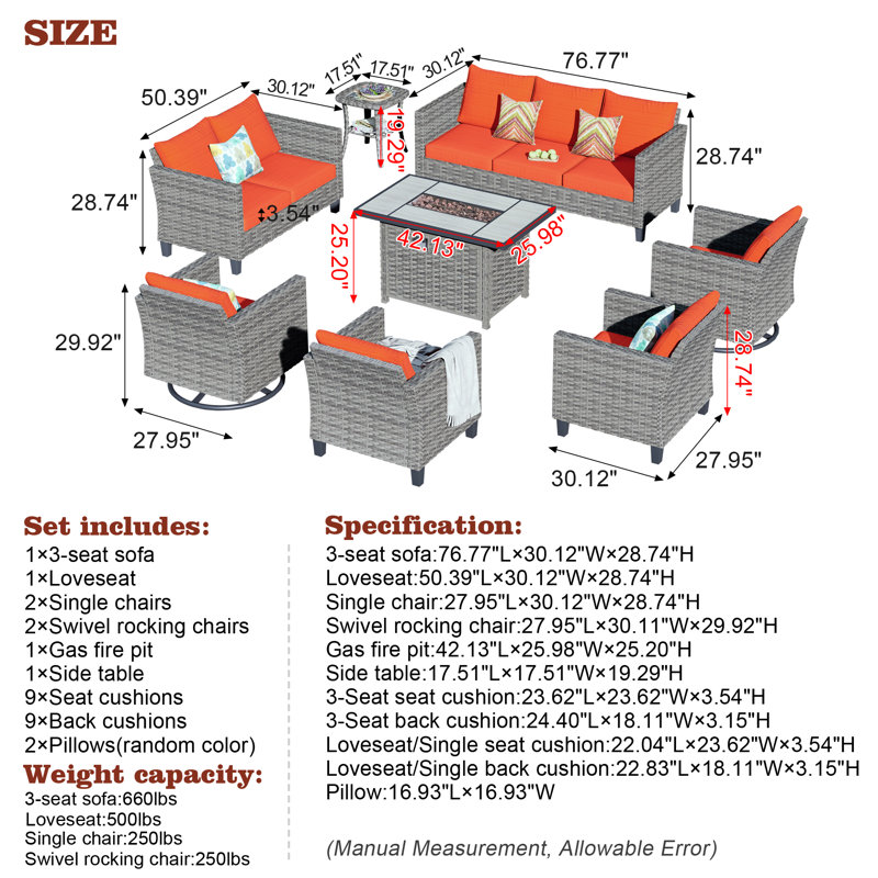 9 - Person Patio Conversation Set with Cushions, Orange Red