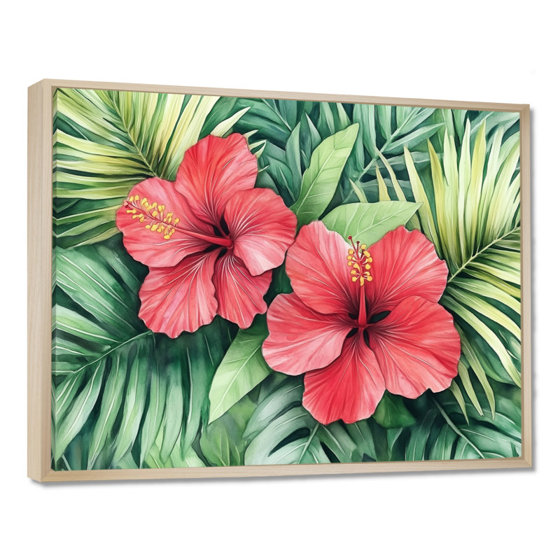 Toile fleur tropicale, art mural hibiscus, Prou, H 12 po x l 20 po, Cadre naturel flottant