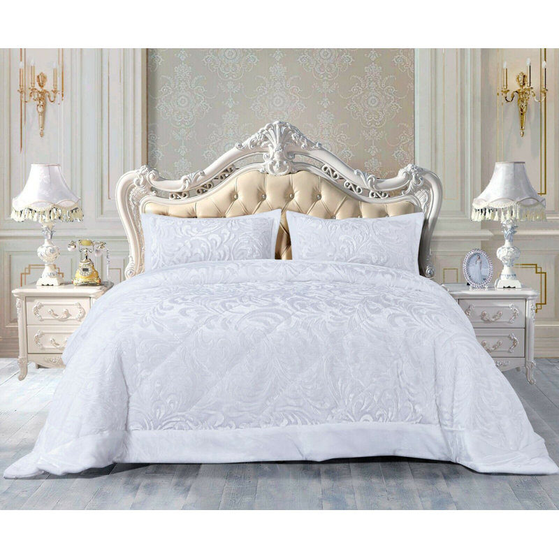 Whitt Polyester Bedspread with Pillow Shams Included, White, 255 x 275cm Bedspread + 2 Pillow Shams