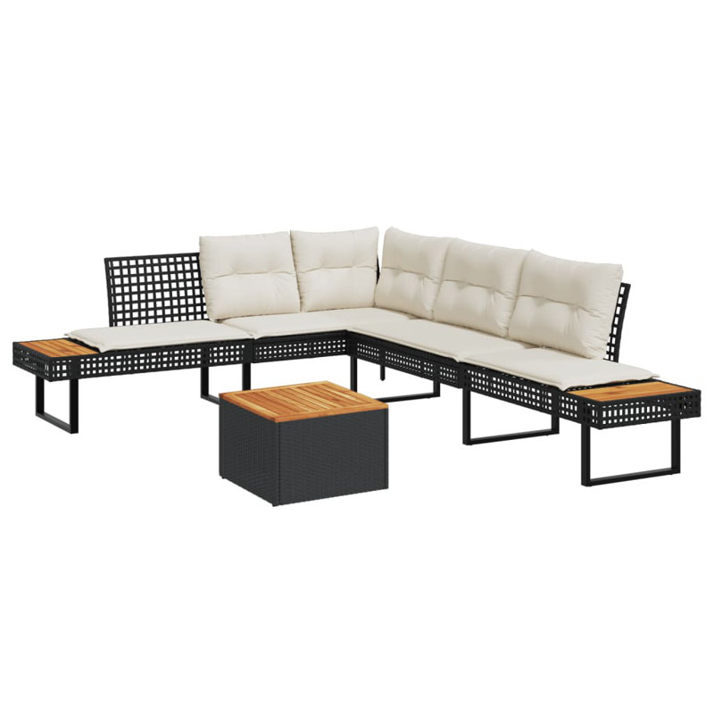 Garden Sofa Set Poly Rattan Large, Beige Cushion/Black Frame
