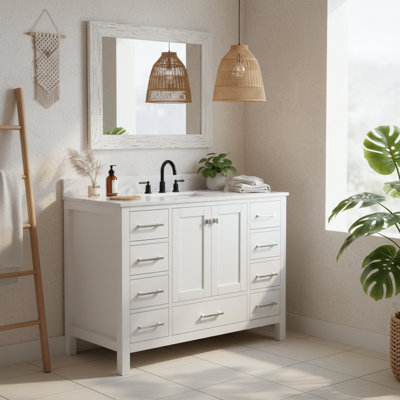 Ensemble de meuble-lavabo simple 48 po avec comptoir, structure en bois massif et 7 tiroirs à fermeture en douceur 48 po