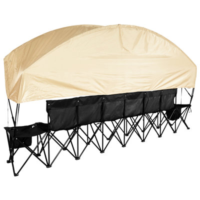 Banc de soccer pliant à six places avec parasol, porte-gobelets, pochettes de rangement et structure en métal léger, convient à de multiples espaces extérieurs portatifs à 6 sièges, compartiments, sac de transport, facile