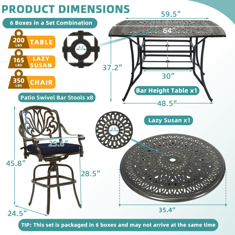 10-piece Outdoor Bar Set, All Weather Cast Aluminum Patio Bar Furniture With 8 Cushioned Swivel Bar Stools, Large 64" Square Patio Bar Height Table With Detachable Lazy Susan, 2" Umbrella Hole