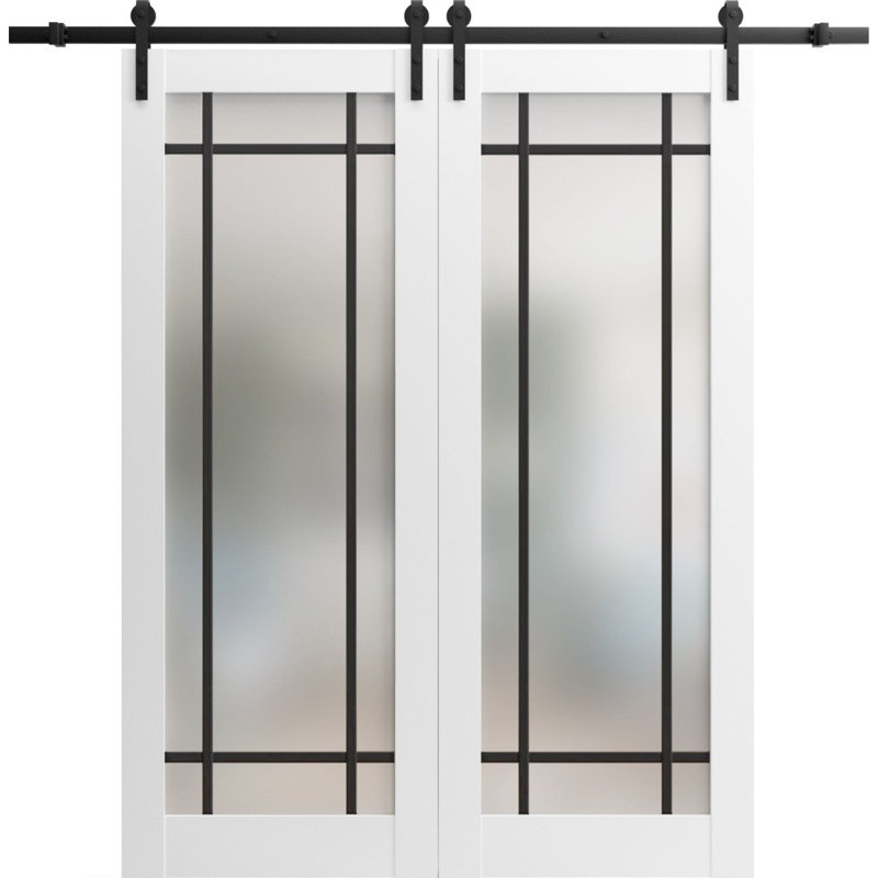 Porte de grange double robuste avec verre givré | Noir mat Planum 2112 | Ensemble de 13 cintres lourds pour rail | Portes intérieures modernes à panneau massif - 64 po x 96 po (2 * 32 x 96) - Rail noir
