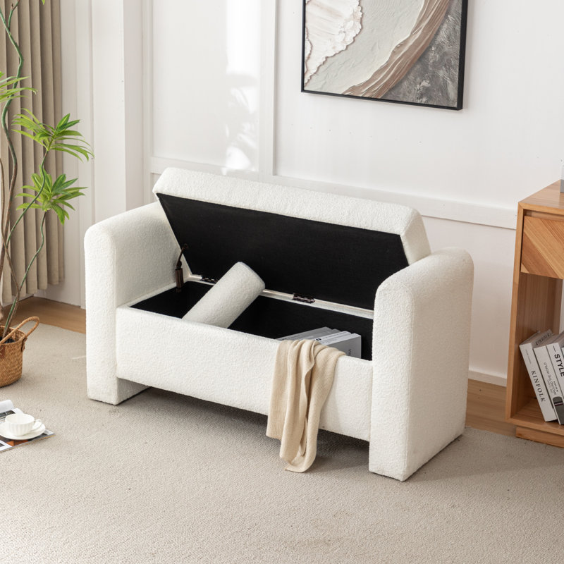Banc de rangement rembourré en polyester Lataja, Crème, crème, H 24 po x l 57 po x P 19,7 po