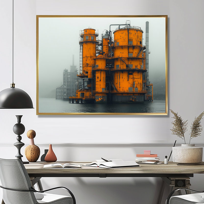 Impression d'art mural jaune et gris Urban Oasis Factories I - Factories, Toile avec cadre flottant or