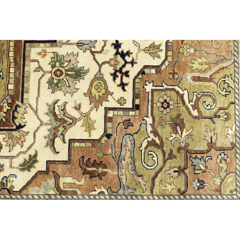Oriental Handmade Hand-Knotted Rectangle 9'9" x 13'9" Wool Area Rug in Blue/Red/Cream