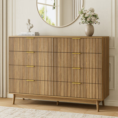 55" W Fluted 8-Drawer Double Dresser For Bedroom, Curved Profile Design, Wood Drawer Organizer For Living Room, Hallway, Nursery, Hallway Closet