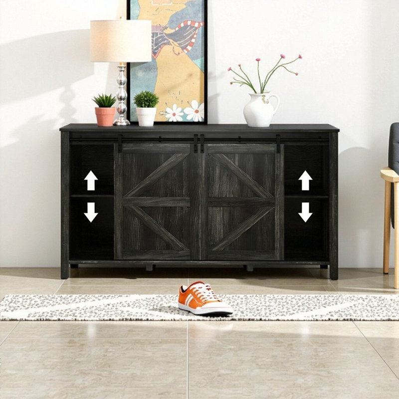 Buffet gris foncé patiné avec portes de grange coulissantes, buffet de cuisine 60 po, Gris foncé