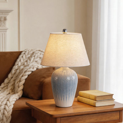 26.3" Gradient Blue Ribbed Ceramic Table Lamp With Natural Linen Shade, Gradient Blue Ribbed Bedside Desk Lamp For Bedroom Living Room