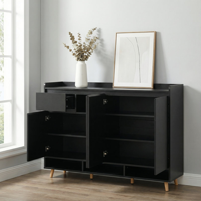 Armoire à chaussures moderne avec tablettes réglables, pieds en bois massif, buffet de rangement pour entrée / salon, noir