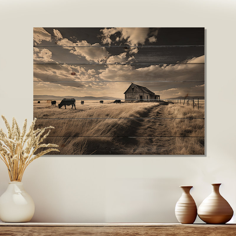 Bétail «Horizon silencieux III» sur bois, H 24 po x l 32 po x P 0,78 po