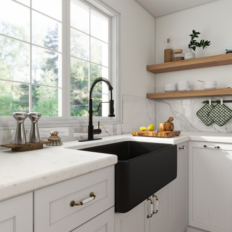 CASAINC Single Bowl Black Fireclay Farmhouse Kitchen Sink With Faucet Included, Matte Black