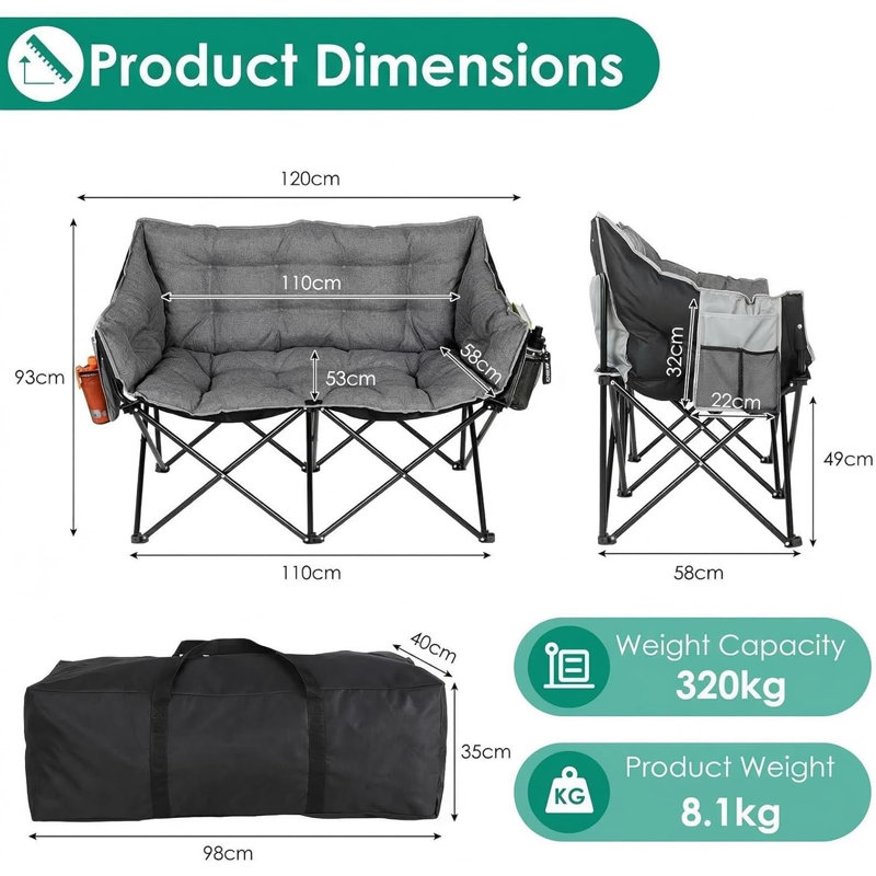 Quilted Double Folding Camping Chair, Grey