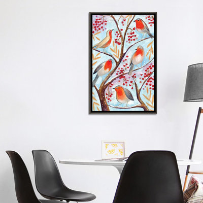 «Winter Birds Robins Christmas Snow», reproduction d'art sur toile tendue