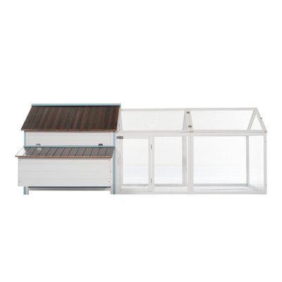 Outdoor Fir Wood Chicken Coop with Spacious Exercise Run, Nesting Box & Weather Resistant Roof, Backyard Hen House in White, Blue and Brown