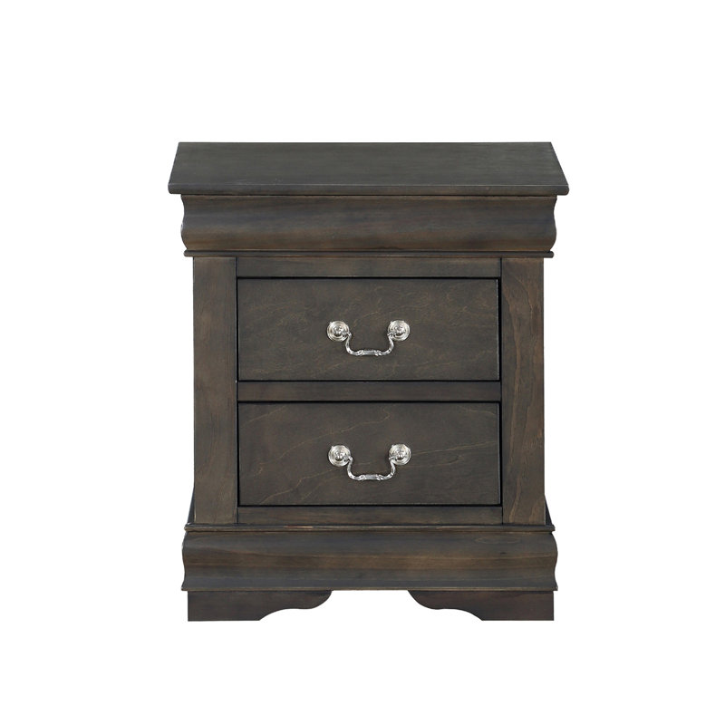 Table de chevet pour chambre à coucher - Pin massif gris foncé avec 2 tiroirs et poignées en métal exquises