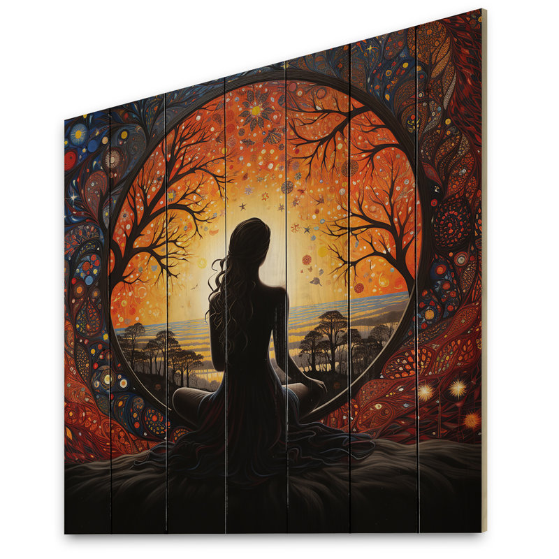 Yoga orange noir en harmonie III sur bois, H 35 po x l 35 po x P 0,78 po