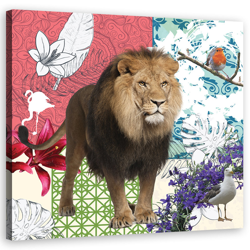 A Lion And Birds Collage - No Frame Print on Canvas, 30cm H x 30cm W
