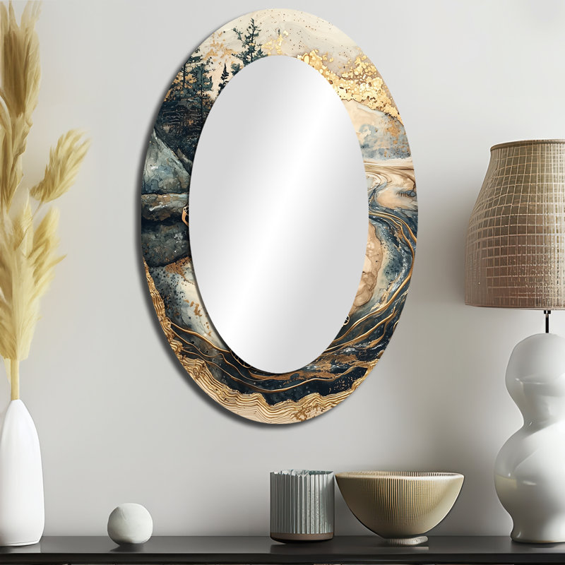 Tortue sur un paysage de forêt - grand miroir mural ovale sur métal, 36 po x 24 po