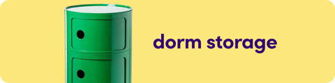 Category banner for dorm storage featuring a green modular storage unit with circular finger pulls.