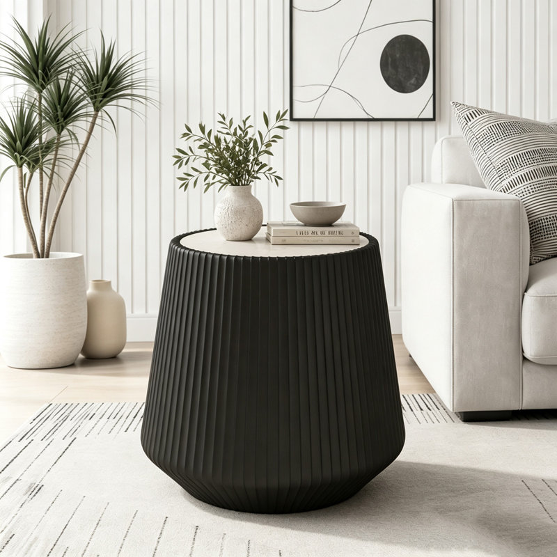 Table basse ronde avec dessus en pierre frittée et corps en cuir, 19.68"W, Or / noir, gris