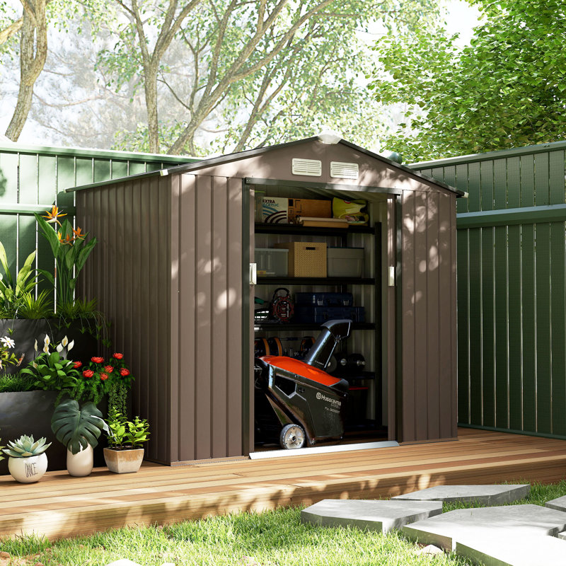 Aseya 7 x 4ft Metal Garden Shed Waterproof Galvanised with Vents Brown