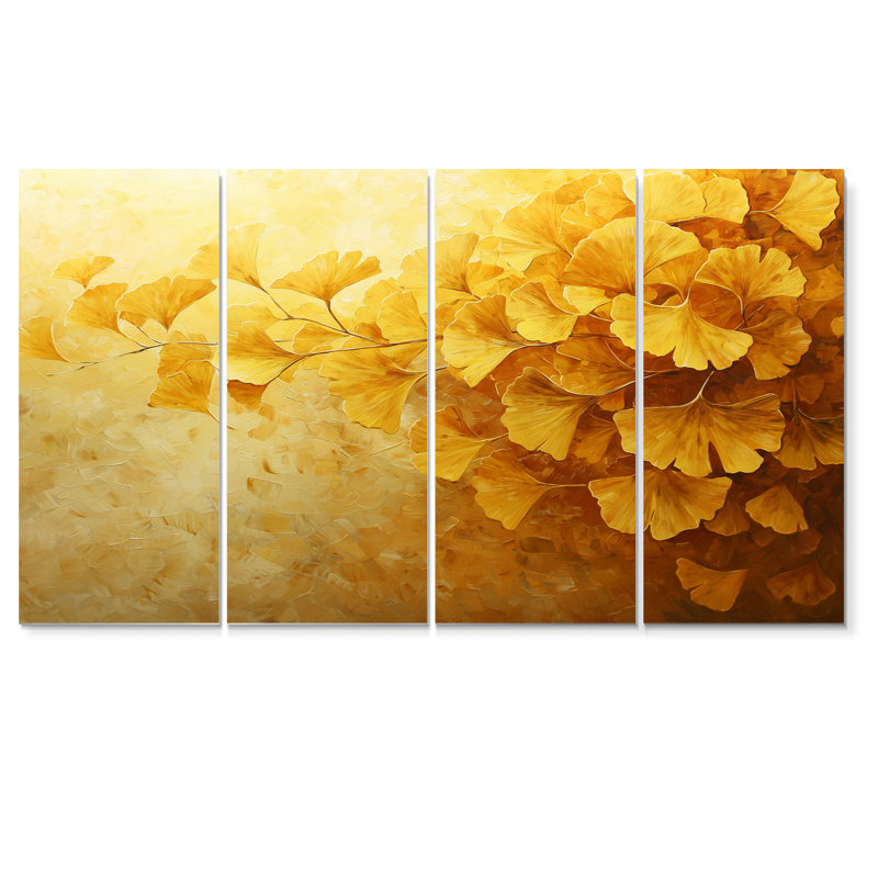 Golden Ginkgo feuilles Harmoy II - Ginkgo Art - ensemble de décoration murale traditionnelle, H 28 po x l 48 po, 4