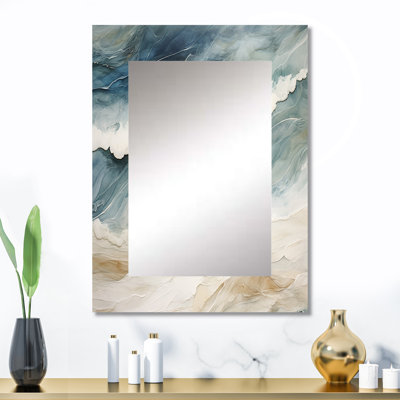 Moderne bleu et beige sable vue aérienne III - miroir unique de sable de plage, grand miroir mural gris, impression d'art en métal
