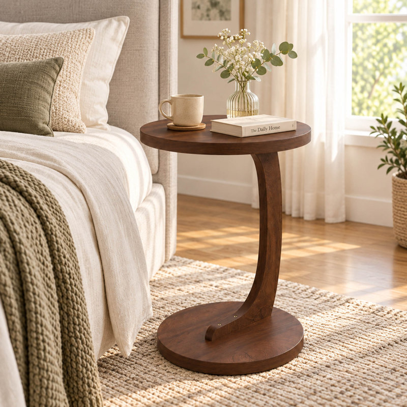 Table de bout en forme de C 14,96 po avec finition grain de bois de noyer pour canapé et chevet