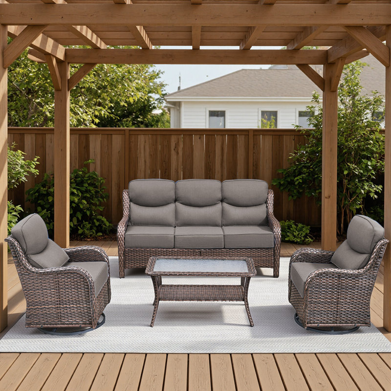 Ensemble de conversation en osier pour patio extérieur avec fauteuils pivotants et table basse extérieure, Gris, Brun