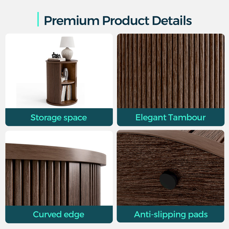 Leathia Fluted Round End Table with Storage（1 Piece）, Dark Brown