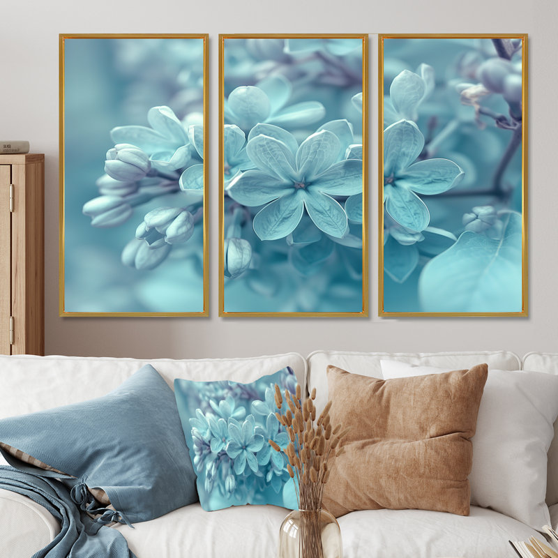 Ensemble de salon art mural lilas bleu et blanc, Toile avec cadre flottant or, H 40 po x l 60 po x P 1 po