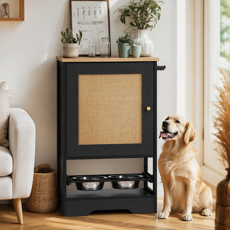 Feeding Station with 1 Storage Cabinets, Pet Feeding Station with 2 Elevated Dog Bowls, Side Hooks, Anti-tip Kit, Hidden Pet Feeder Station for Feeding & Watering