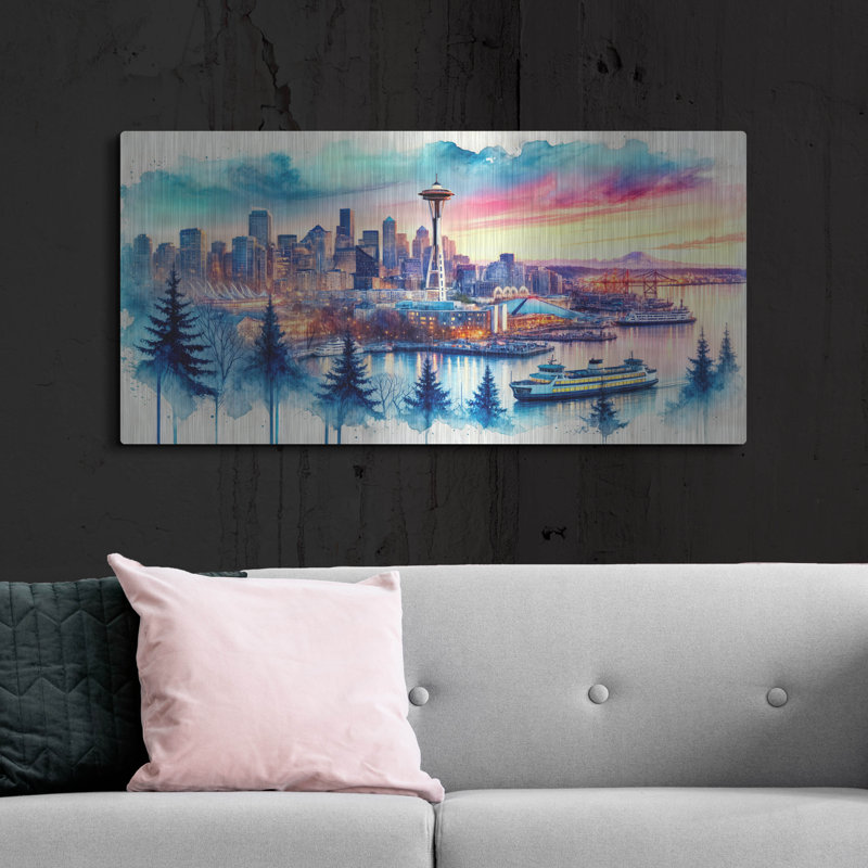 Ivy Bronx «Seattle Watercolor Panorama» par Rey Klimt, art mural en métal, H 24 po x l 48 po