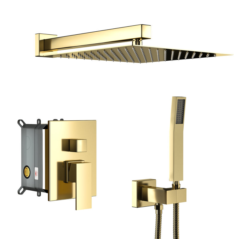 Système de douche mural 10 pouces - Tête carrée double dorée avec buse facile à nettoyer et valve de douche à main avec pomme de douche réglable 360