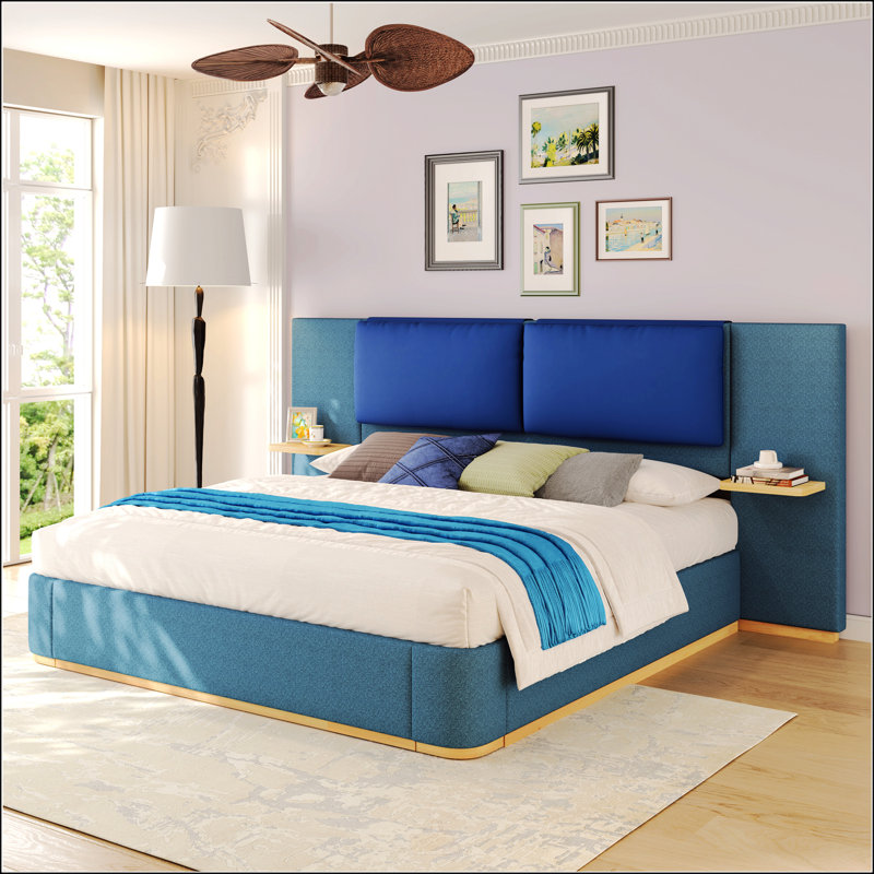 Grand lit plateforme tapissier avec panneau, Bleu, Grand lit