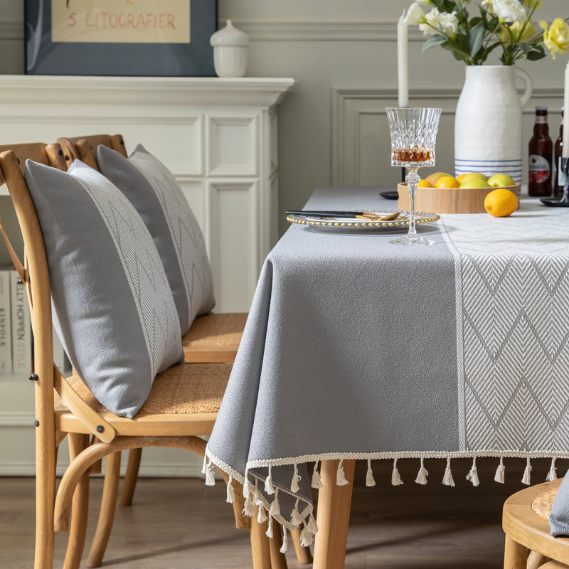 High Quality Rectangle Cotton And Linen Tablecloth With Tassels, Grey