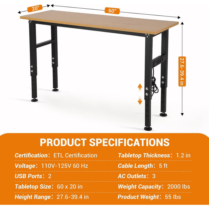 Établi 60 po à hauteur réglable avec prise de courant, table de travail robuste de 2000 lb pour le garage