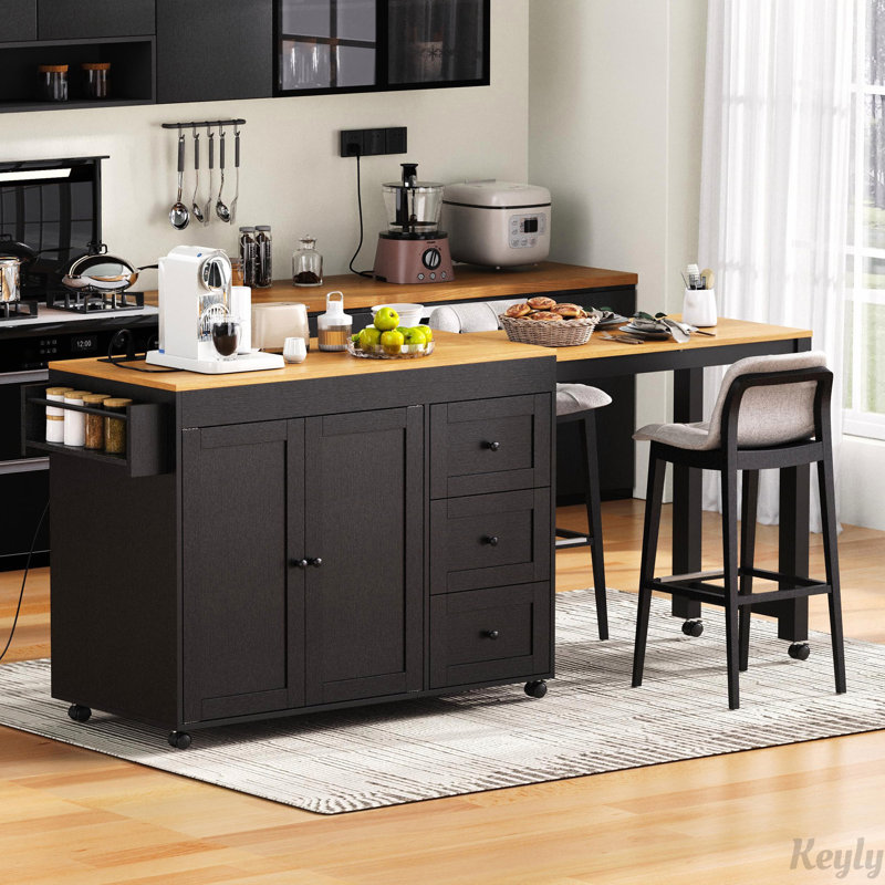 Îlot de cuisine avec table de salle à manger extensible, prise de courant, Noir