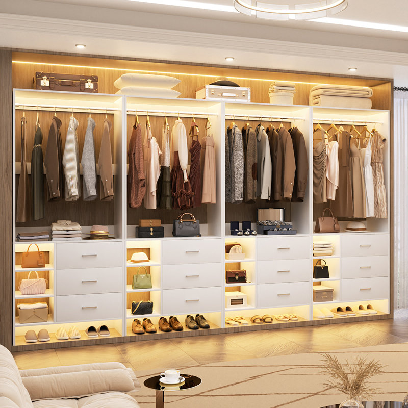 10ft Closet System with Wooden Drawers and Hanging Rods, White