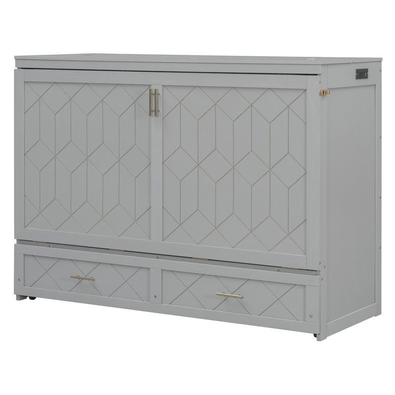 Lit escamotable mural Murphy avec tiroir et ensemble de prises et ports USB, Gris