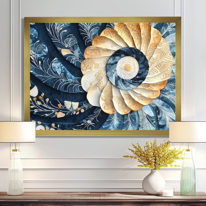 «Coastal Seashell Spiral Of The Ocean II», art abstrait de vagues modernes, H 12 po x l 20 po, Reproduction encadrée, Doré